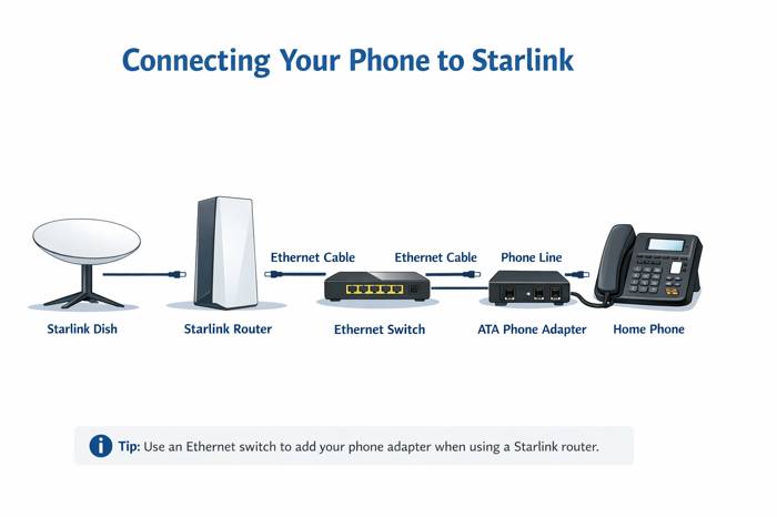 Diagram showing a home phone connected to Starlink broadband using a VoIP ATA adapter